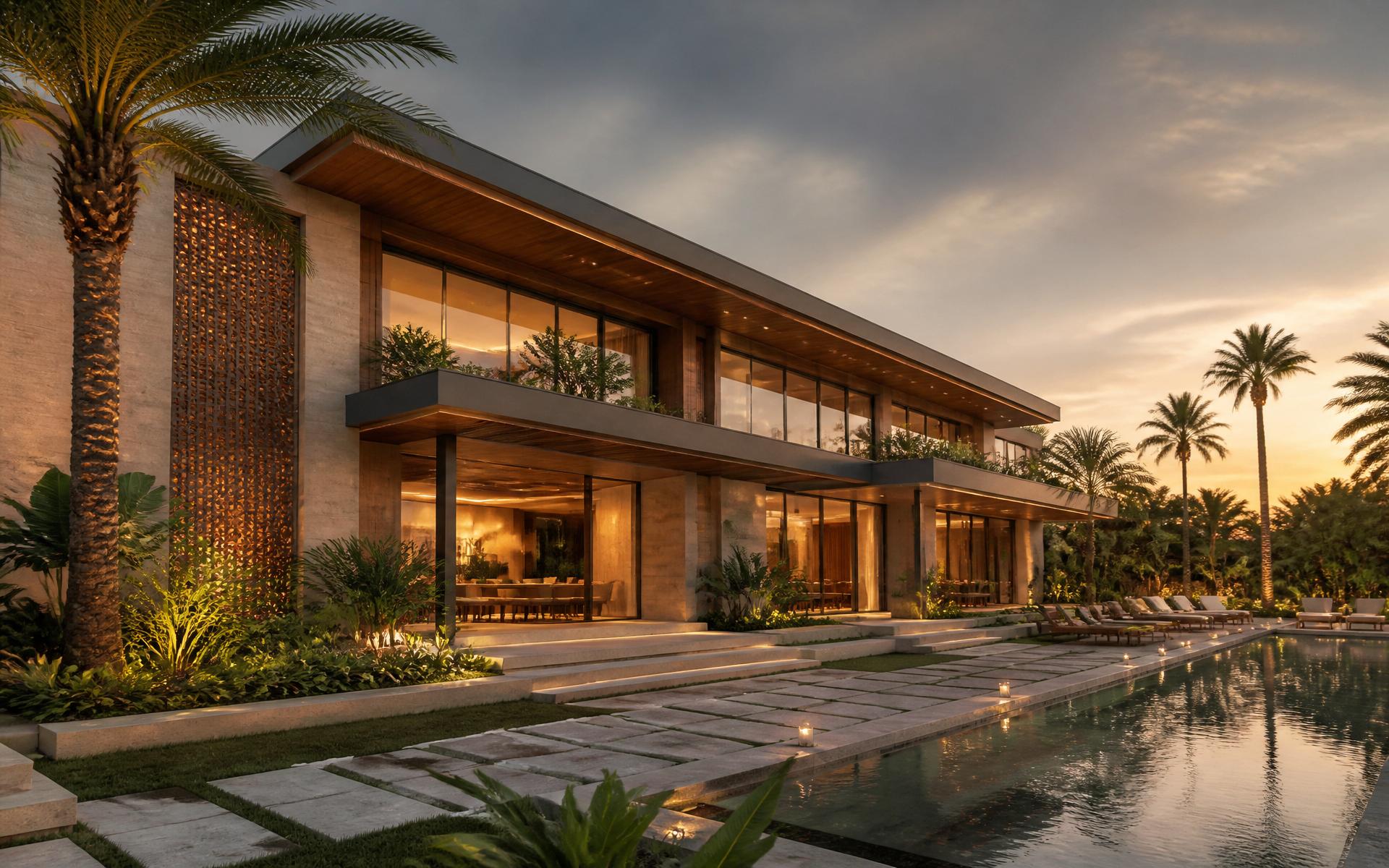A contemporary Dwelline residence at dusk